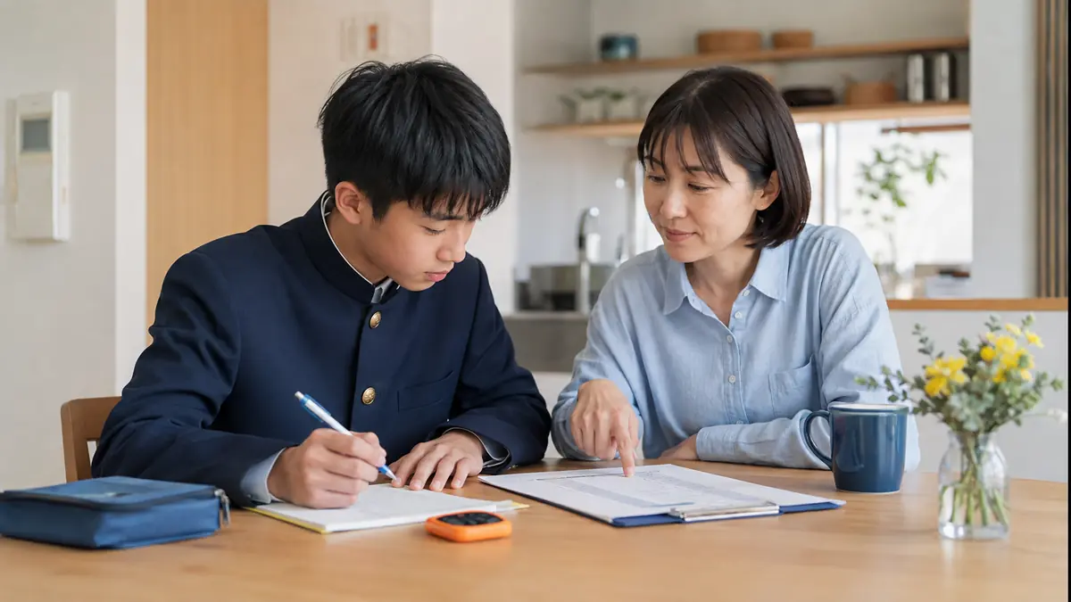 家庭で保護者と3分間のQUESTION読み取り練習をする中学生