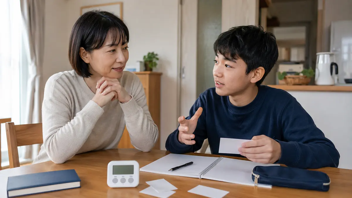 家庭で保護者と英検準2級の意見決定を練習する中学生