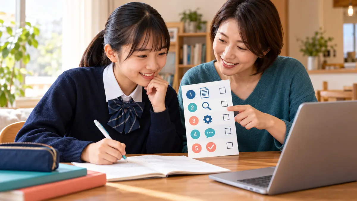 家庭で英作文チェックリストを使う中学生と保護者