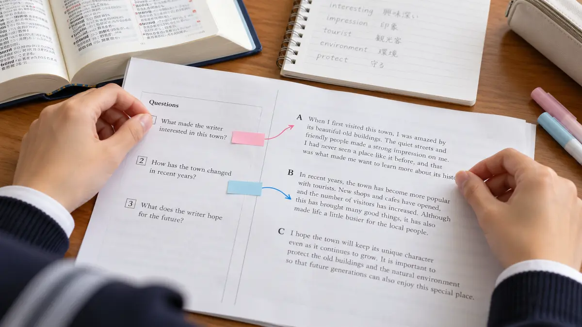 設問と本文の根拠箇所を付箋で結び付ける読解練習