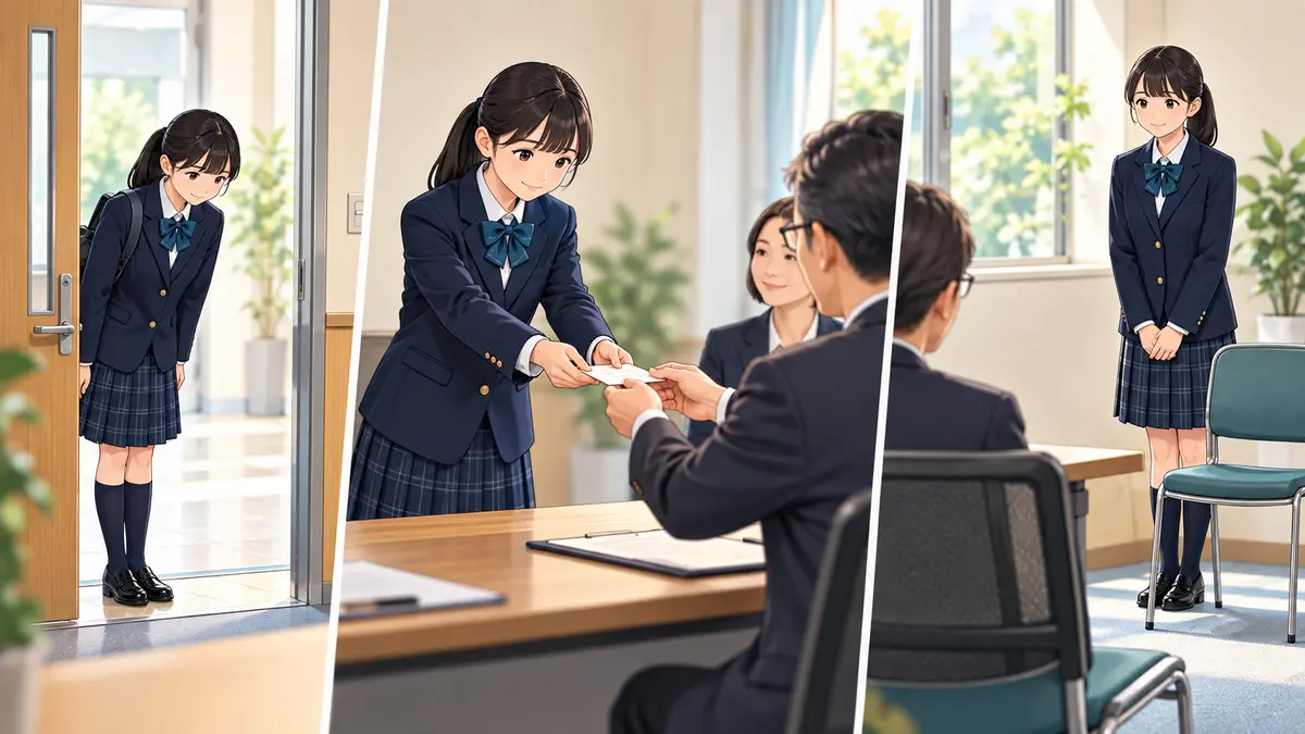面接室に入室して面接カードを渡す中学生