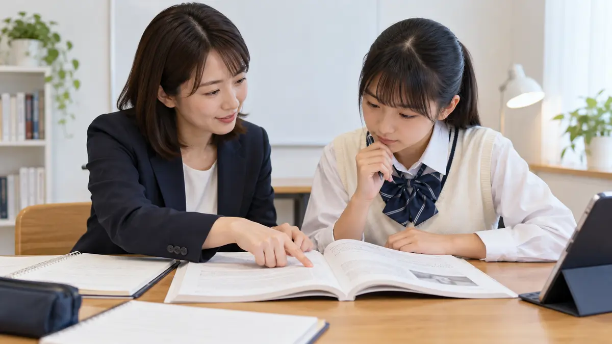 英語長文の根拠文を先生と確認する中学生