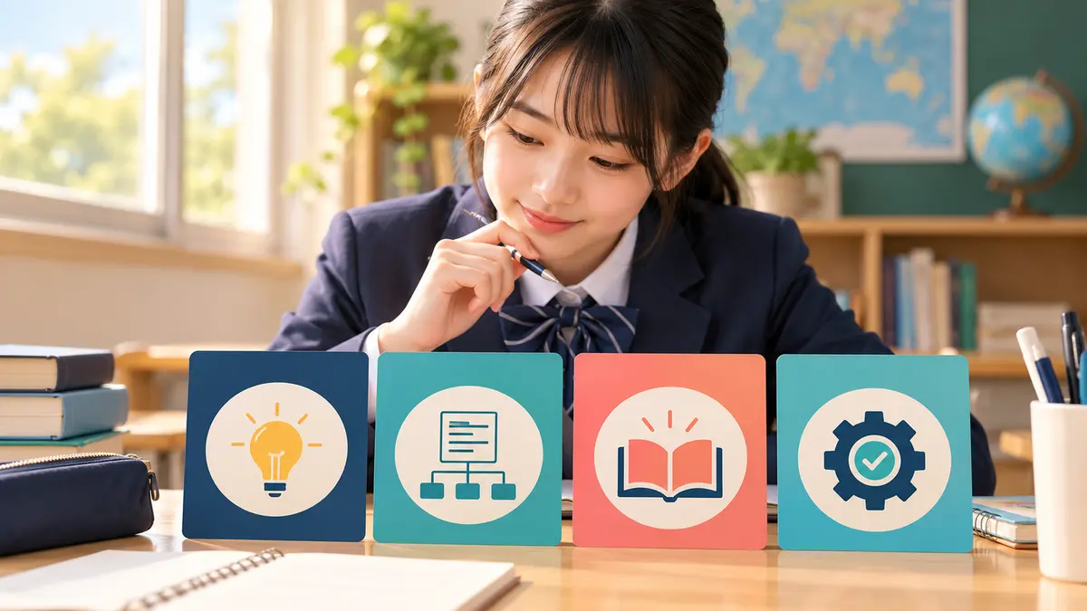 英検3級ライティングの4観点を確認する中学生