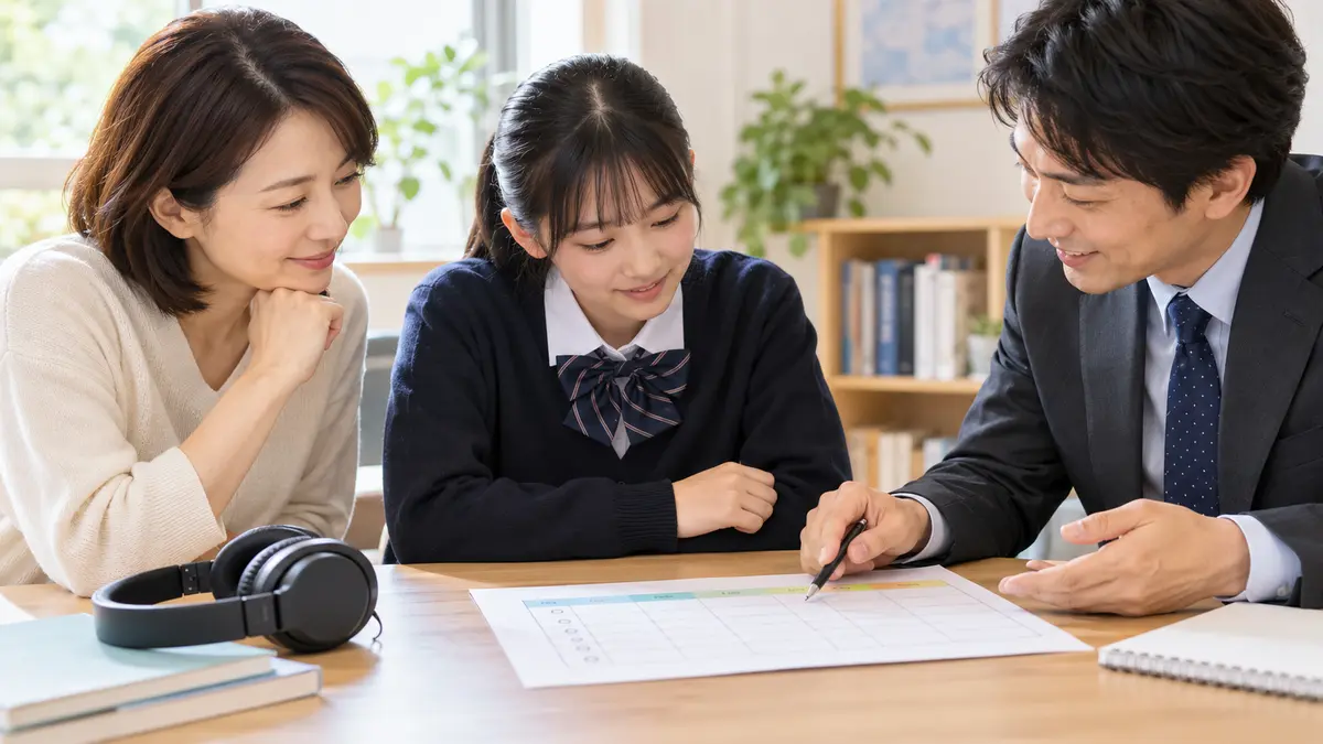 保護者と先生がリスニング練習記録を確認する様子