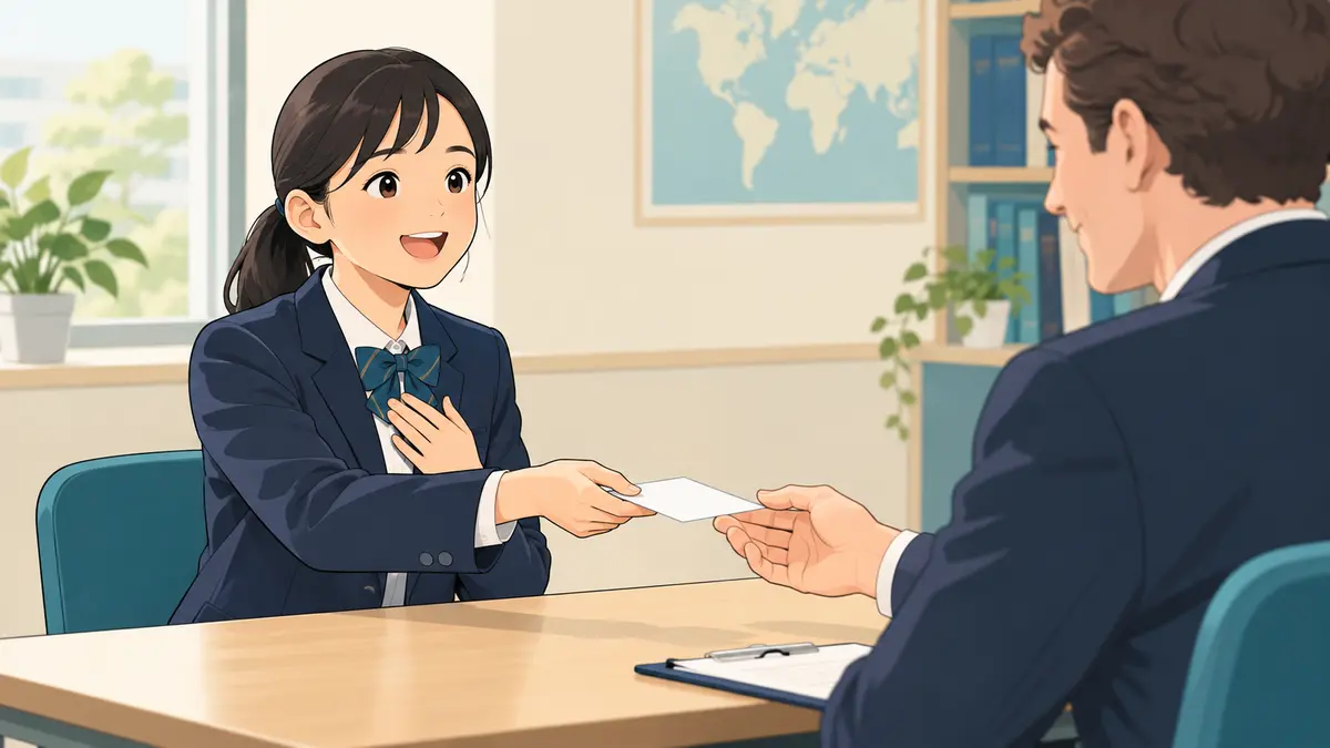 質問に答えて問題カードを返す中学生