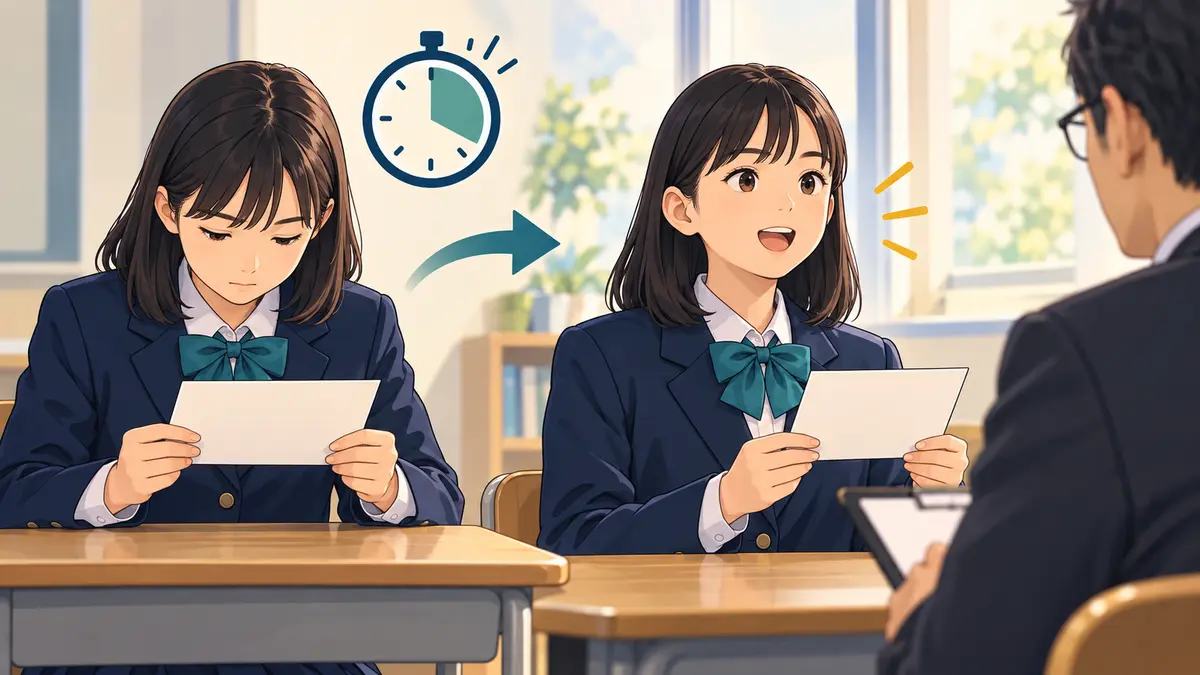 問題カードを20秒黙読して音読する中学生