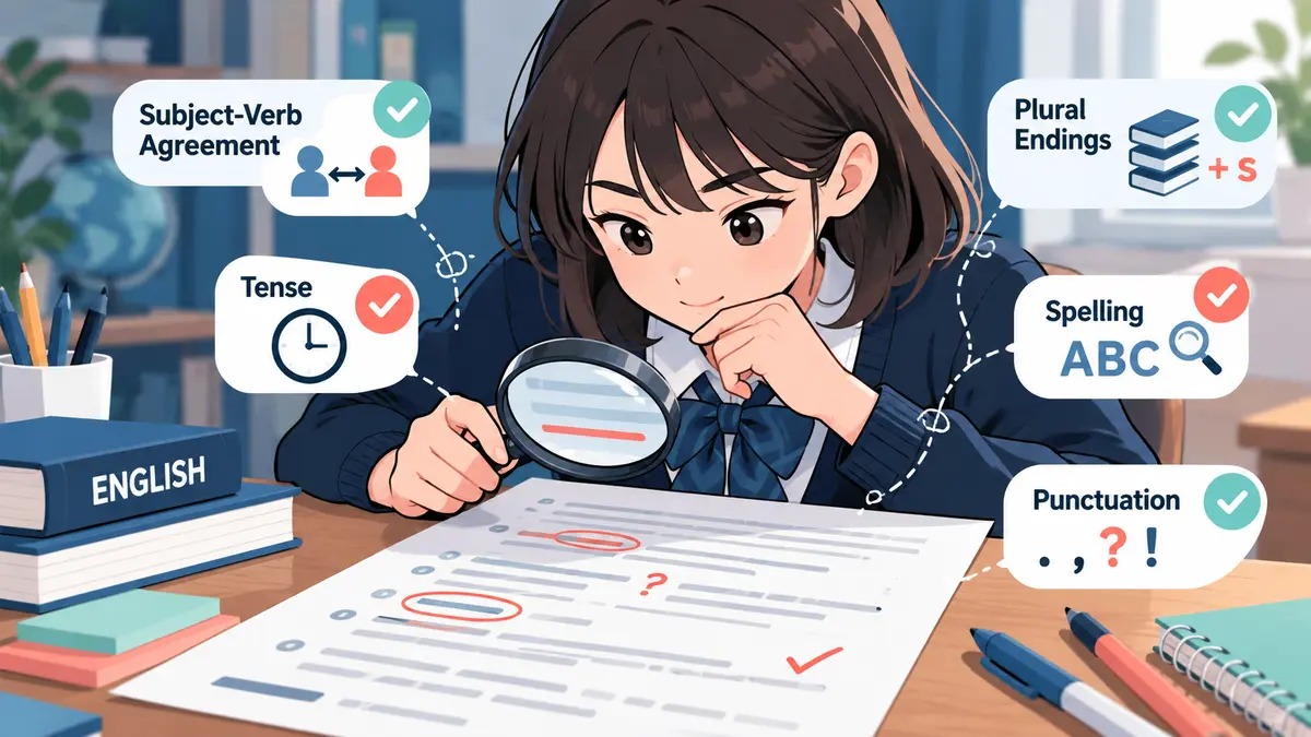 英作文の文法とスペルを確認する中学生