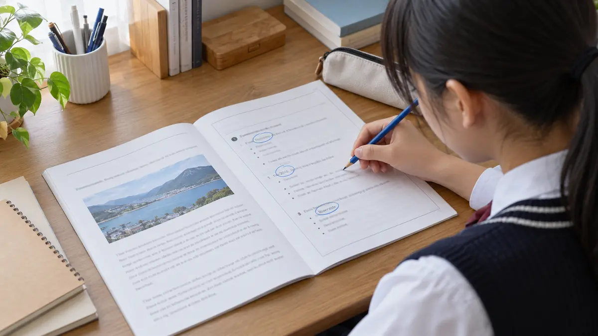英検3級の長文を読む前に設問の手掛かりを確認する中学生