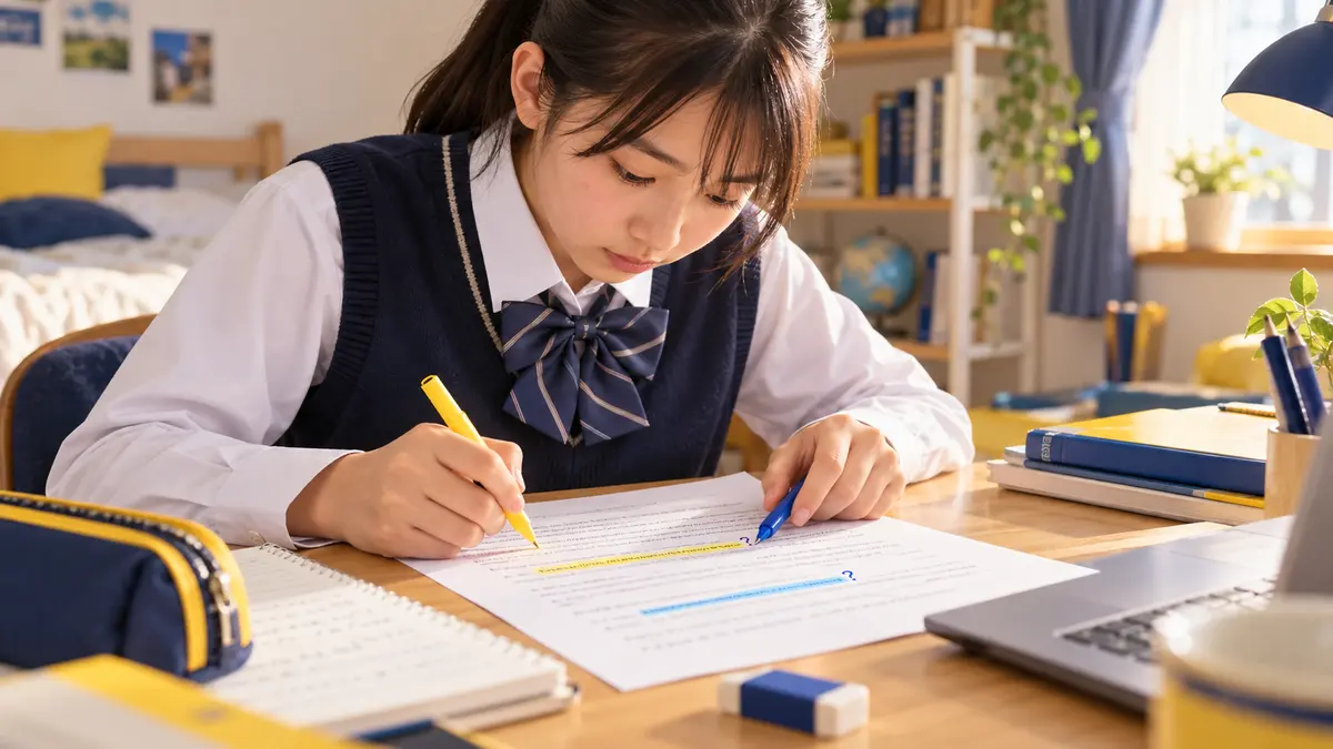 英検3級Eメールで2つの質問に線を引く中学生