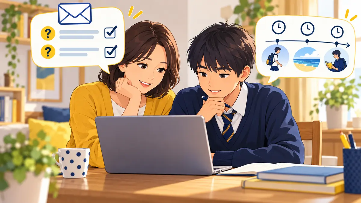 保護者とEメール答案を確認する中学生