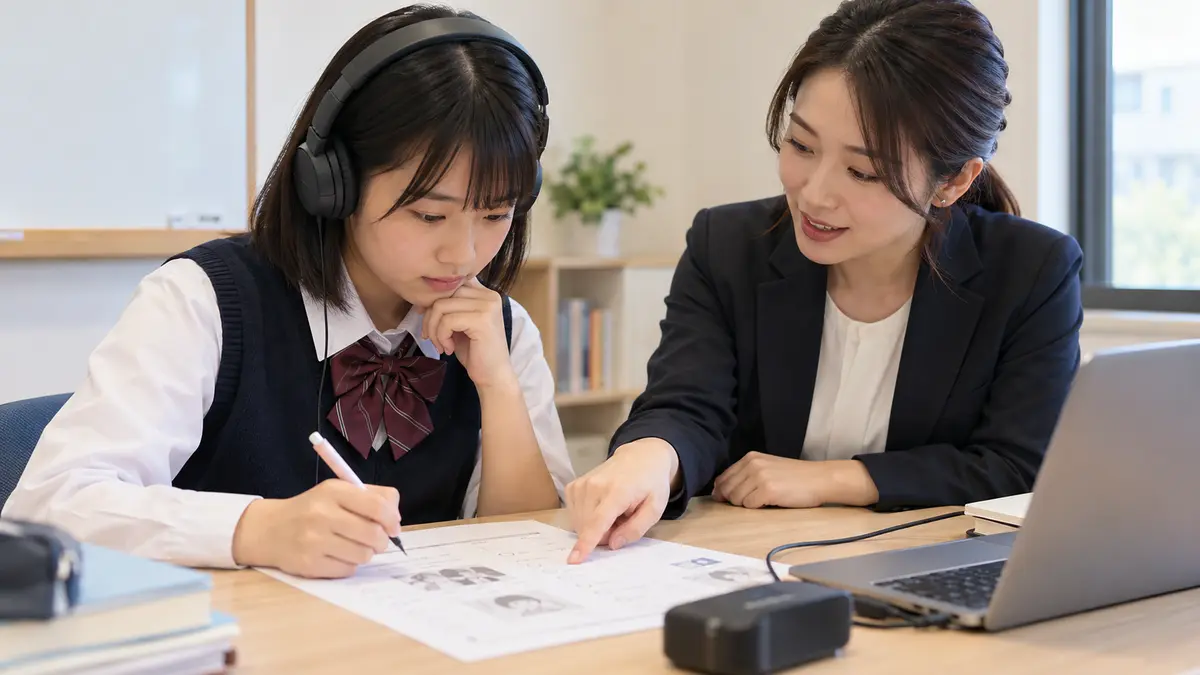 英検3級リスニングの先読みと根拠確認を指導する先生