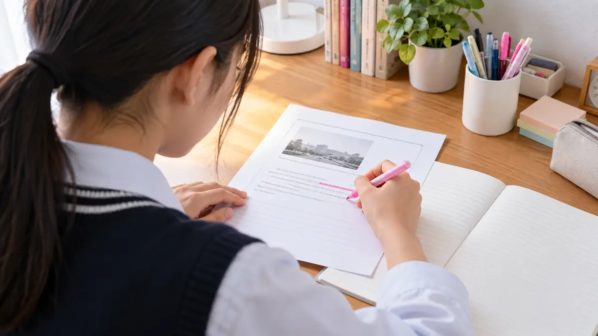 英検3級ライティングのQUESTIONへ線を引く中学生