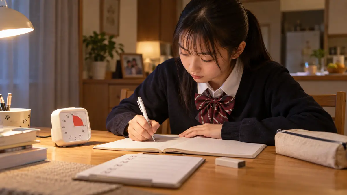 家庭で時間を決めて英作文を練習する中学生