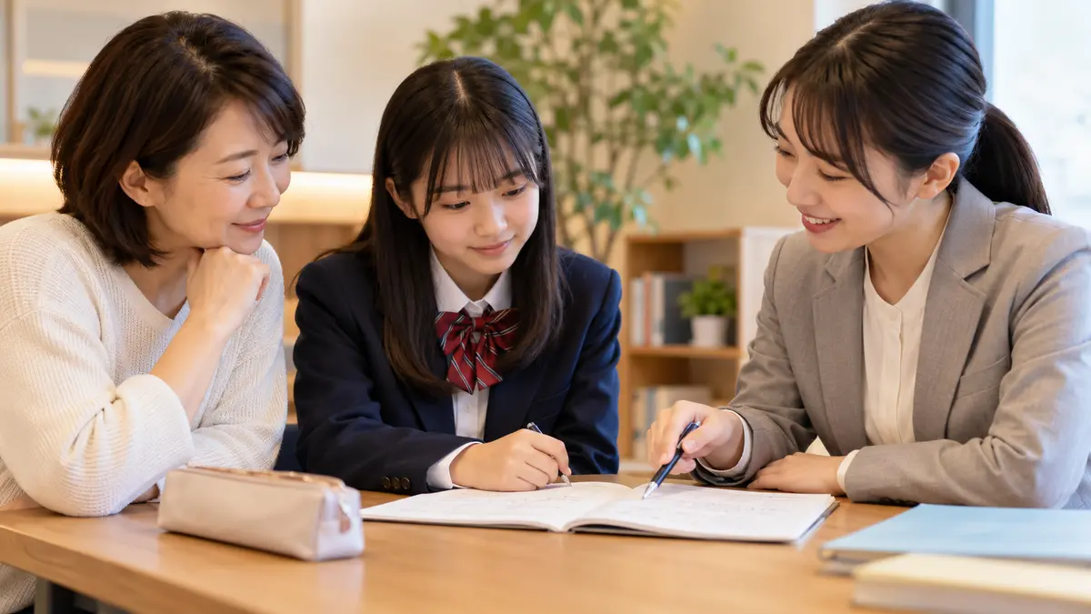 保護者と先生が英検3級の英作文練習を確認する様子