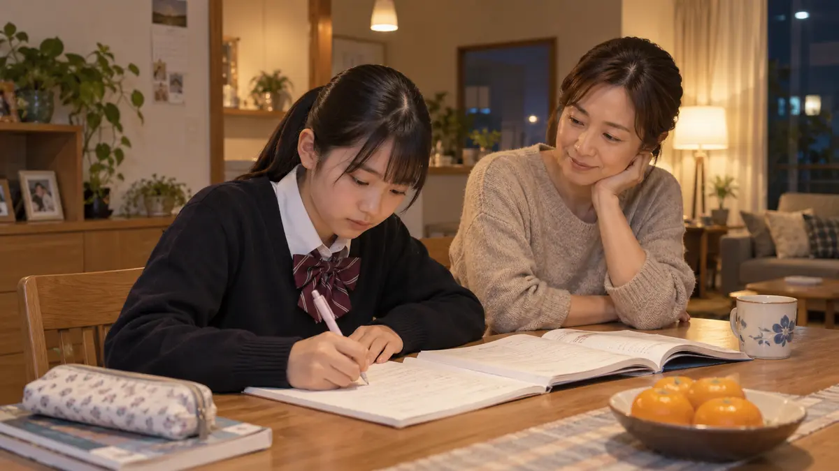 家庭で英検準2級の英作文を練習する中学生