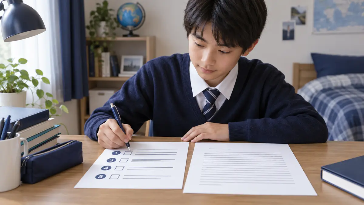 英作文の見直し項目をチェックする中学生