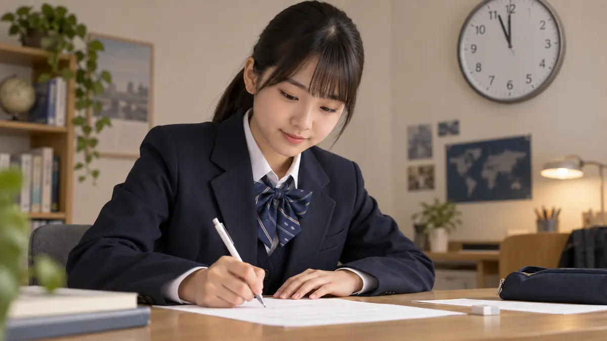 英作文を書き終えて時計を確認する中学生