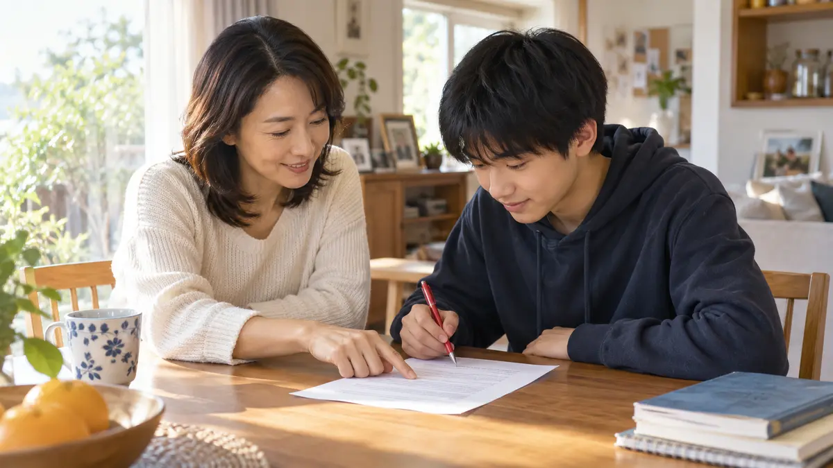 家庭で親子が英作文の一文を見直す様子