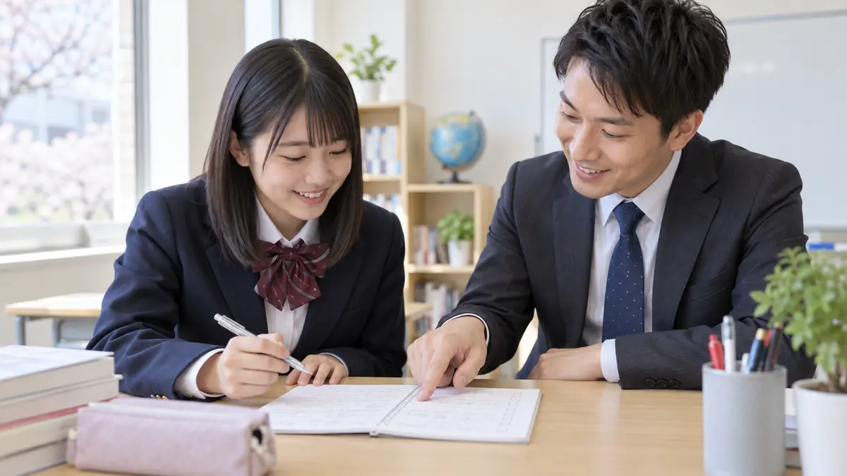 個別指導で英検の学習計画を先生と確認する中学生