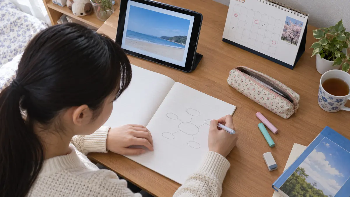 英作文の質問を読み日本語のメモを作る中学生