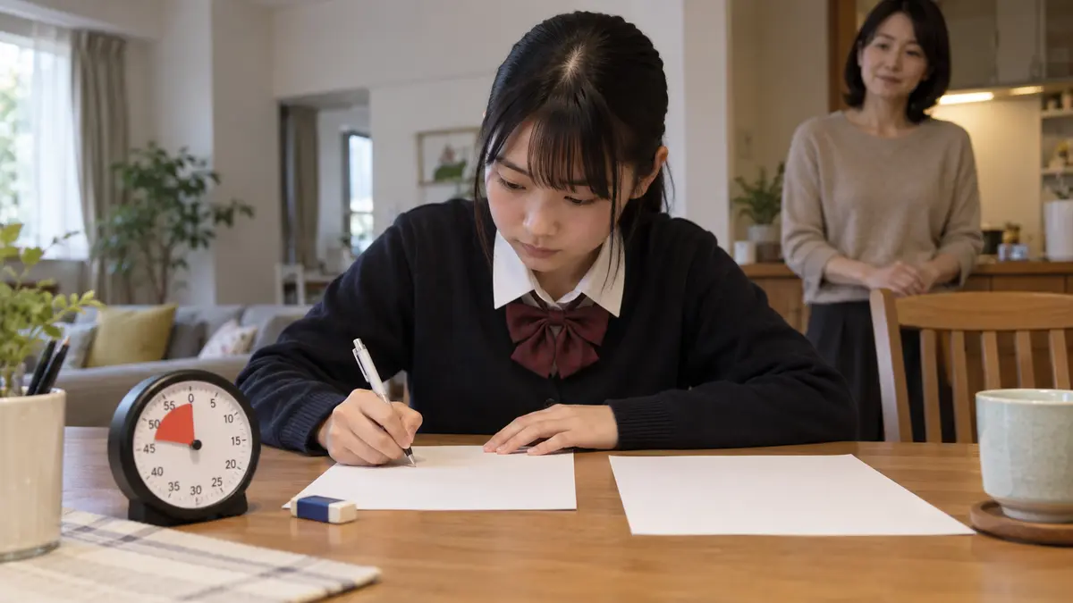 時間を測って英検準2級の模擬問題に取り組む中学生