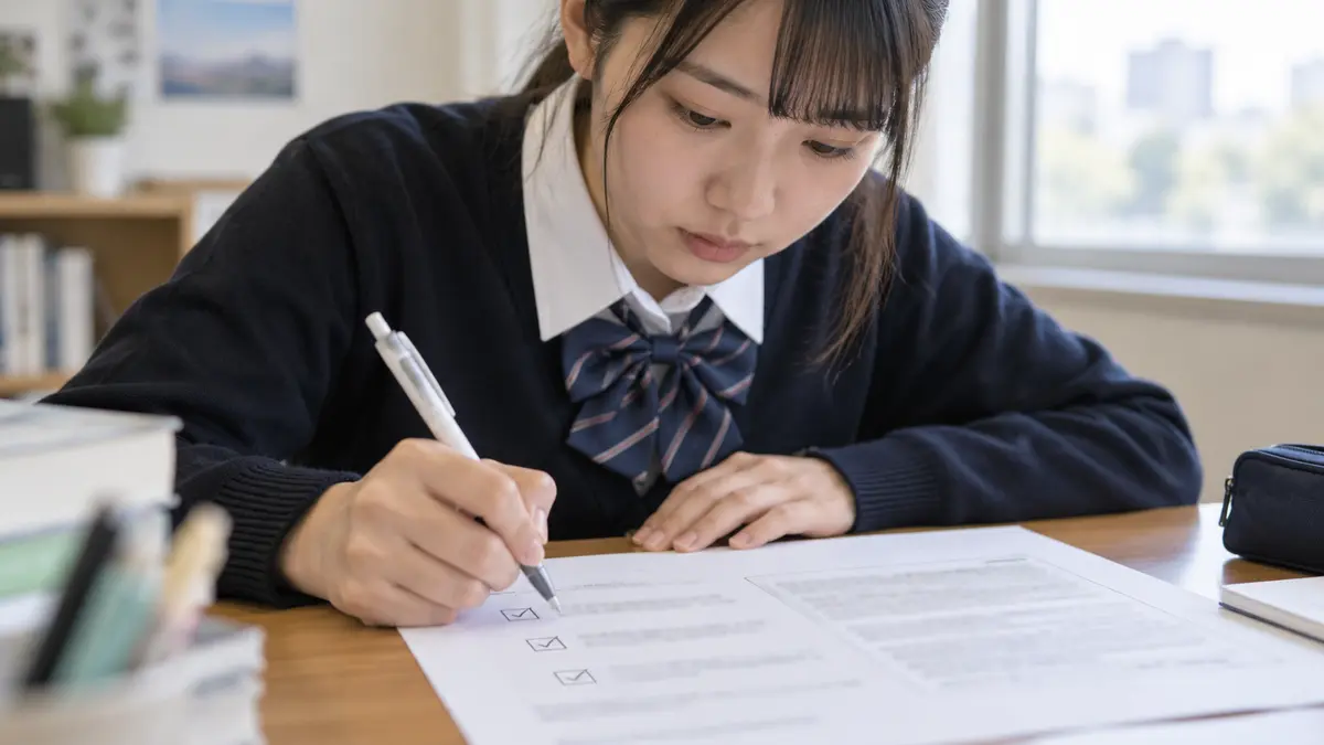 英検準2級Eメール問題の条件をチェックする生徒