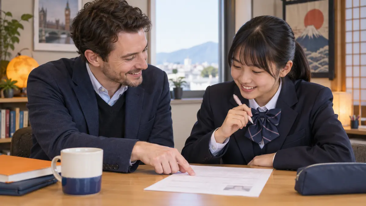 英検準2級Eメール答案を講師と確認する中学生