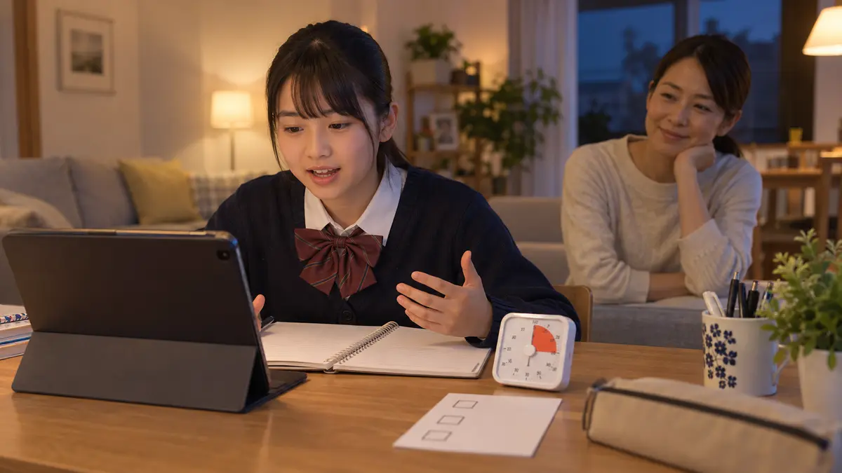 家庭で時間を計りEメール問題を練習する中学生と保護者