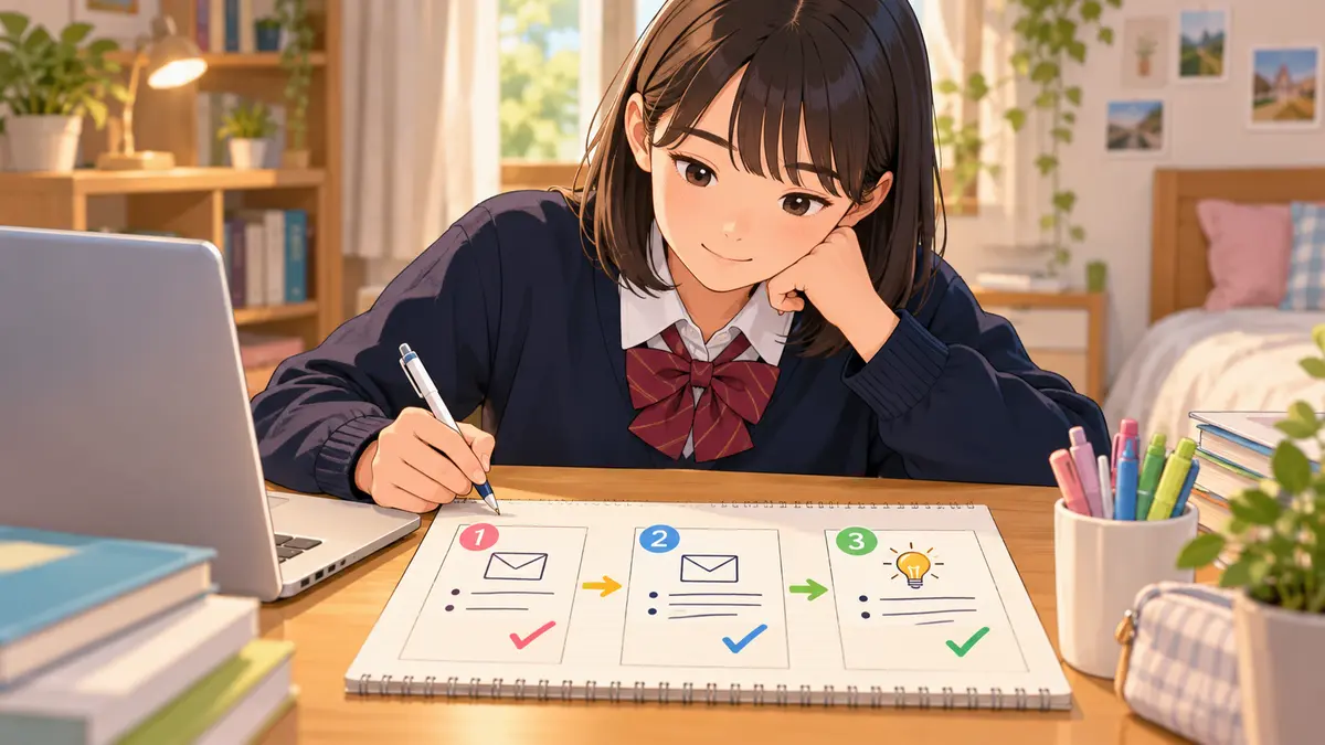 2問への答えと一言を3ステップで組み立てる中学生
