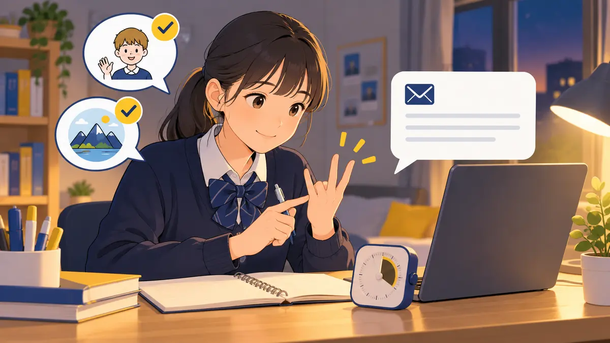 時間を測り語数と2問への回答を確認する中学生