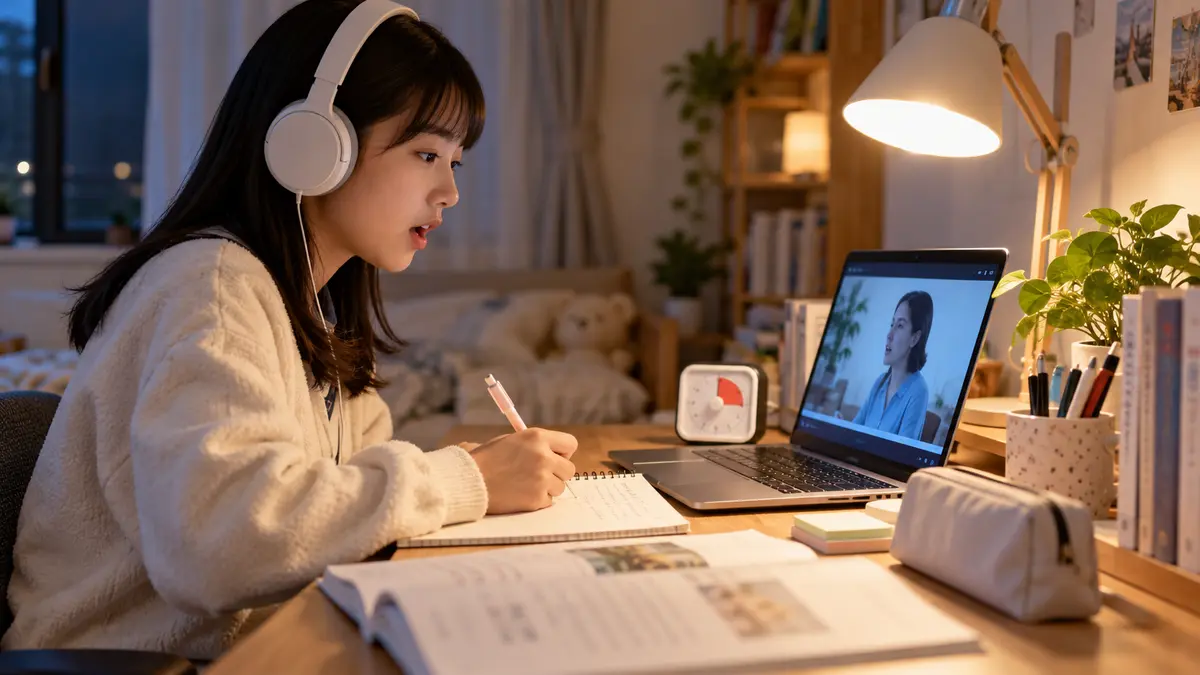 家庭で音読と短い聞き直しを練習する中学生