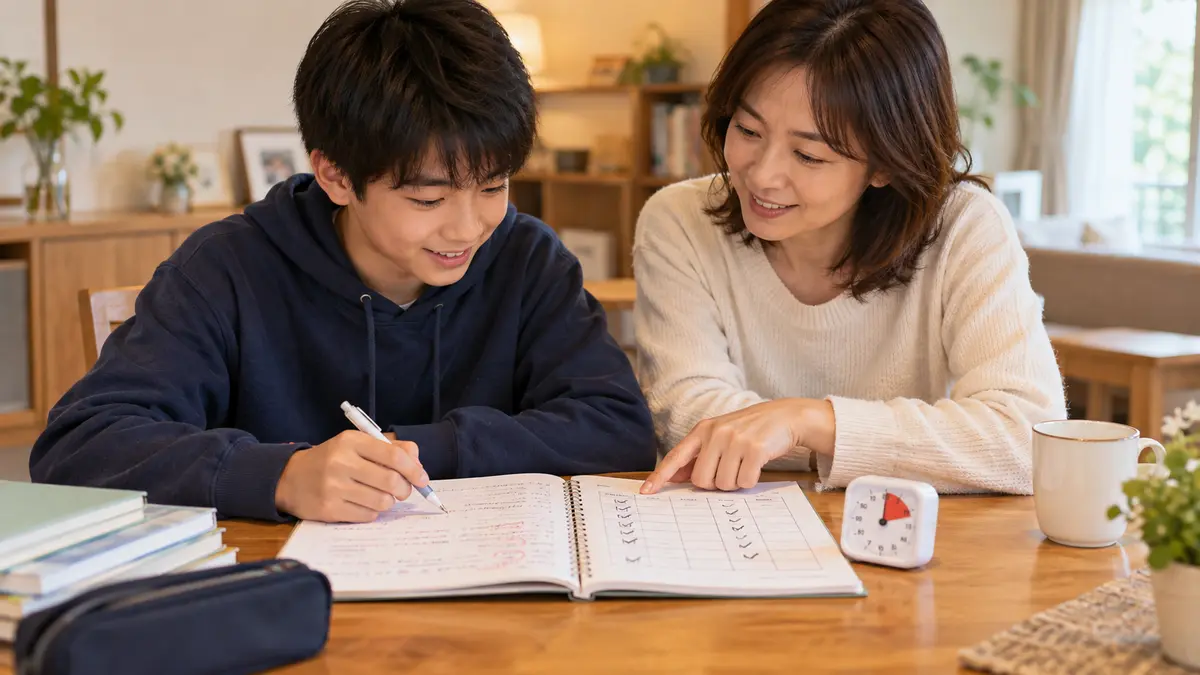 保護者と中学生が英語長文の復習記録を確認する様子