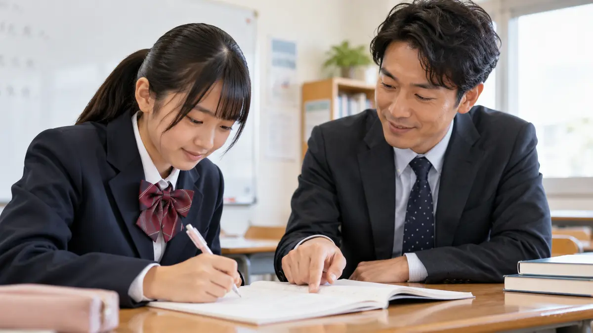 英検3級ライティングの理由を講師と整理する中学生