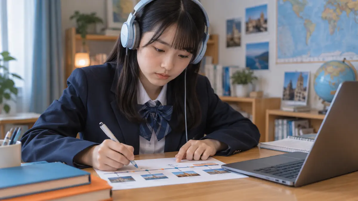 説明文の話題と時系列を整理するリスニング練習