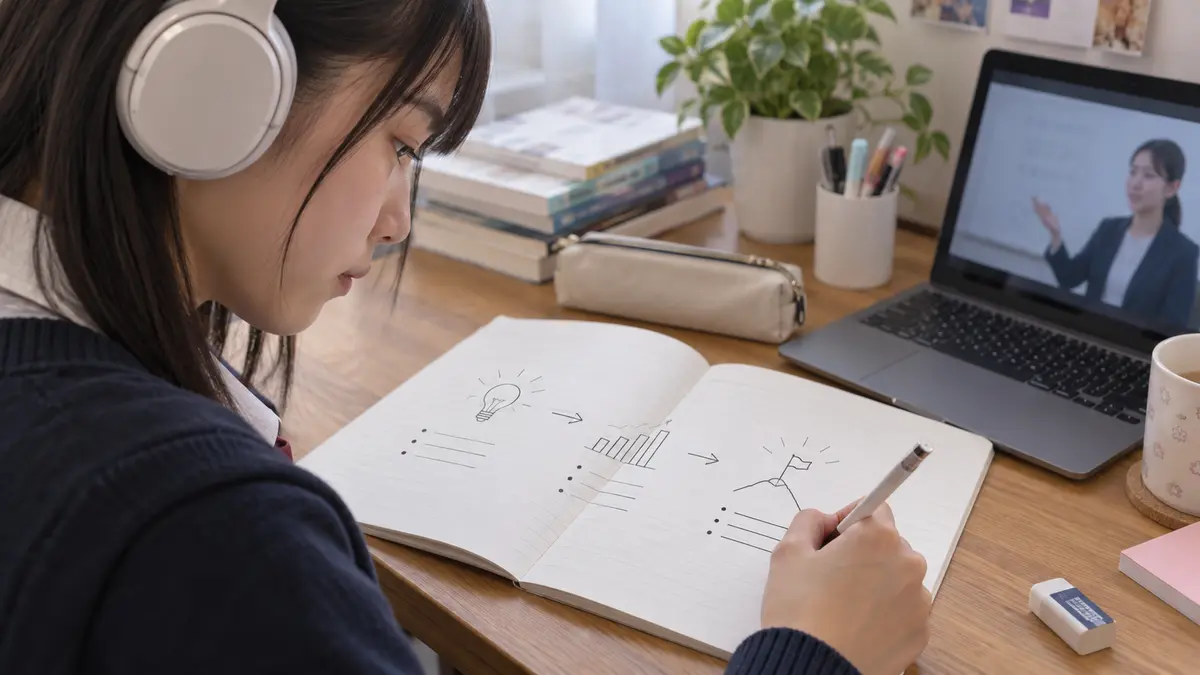 説明文を聞いて要点を整理する高校生