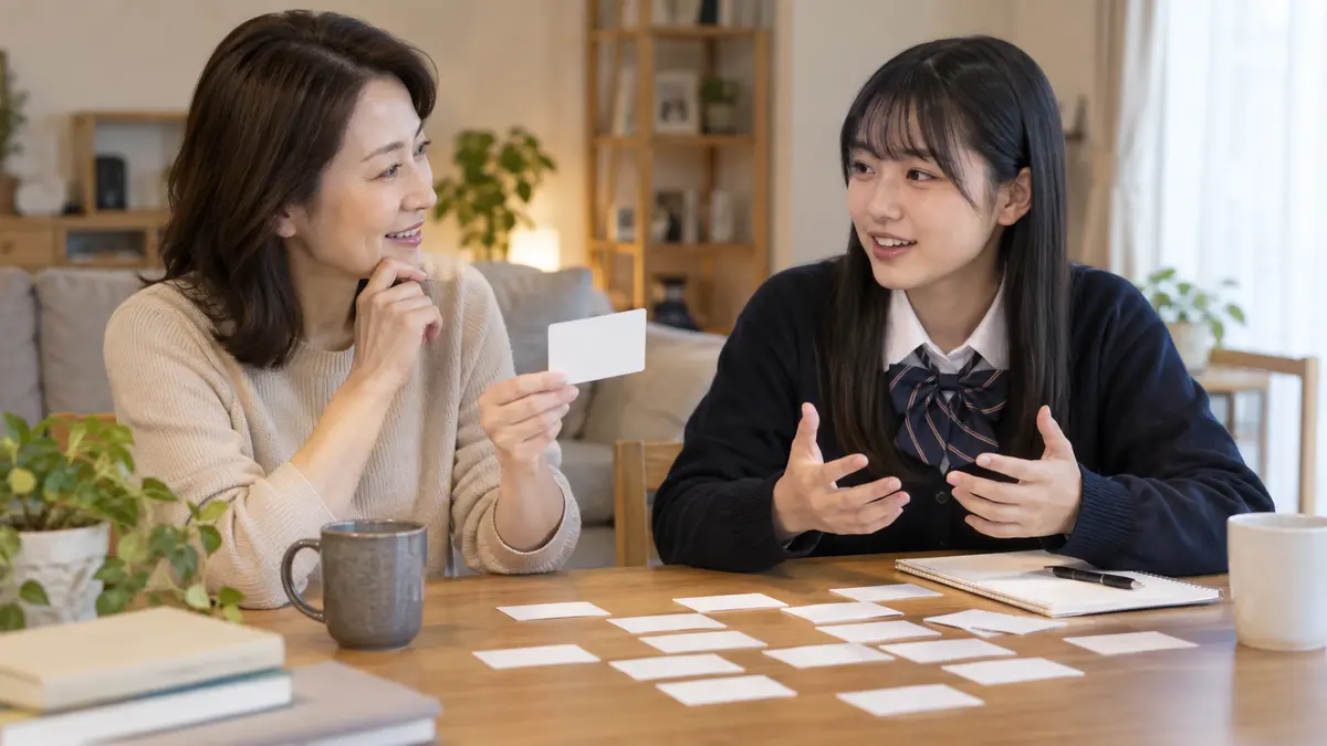 家庭で英文の言い換えを練習する高校生と保護者