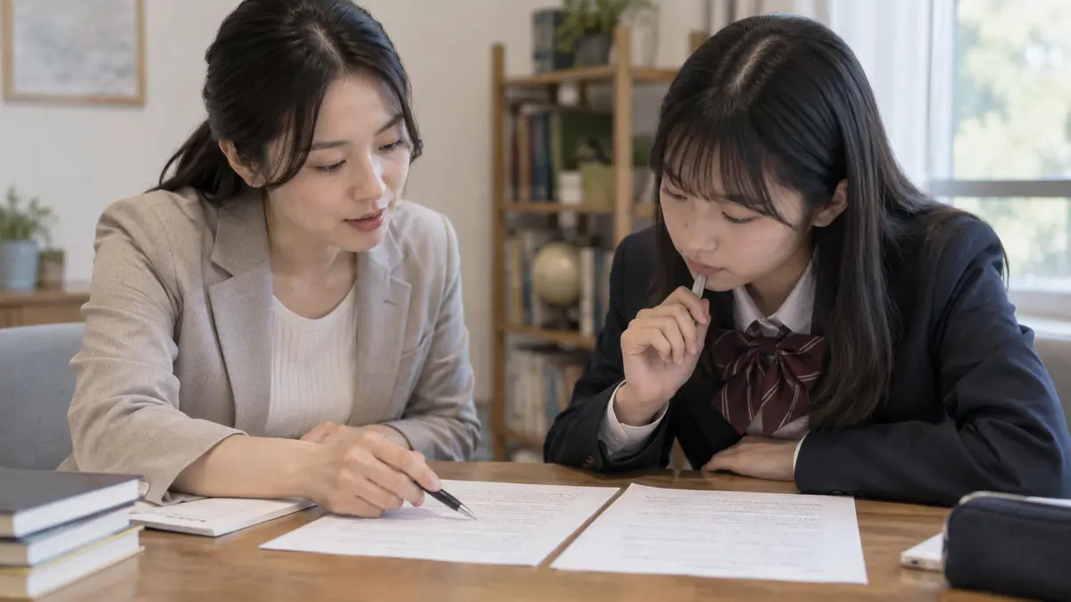 英文要約の言い換えを個別指導で確認する様子