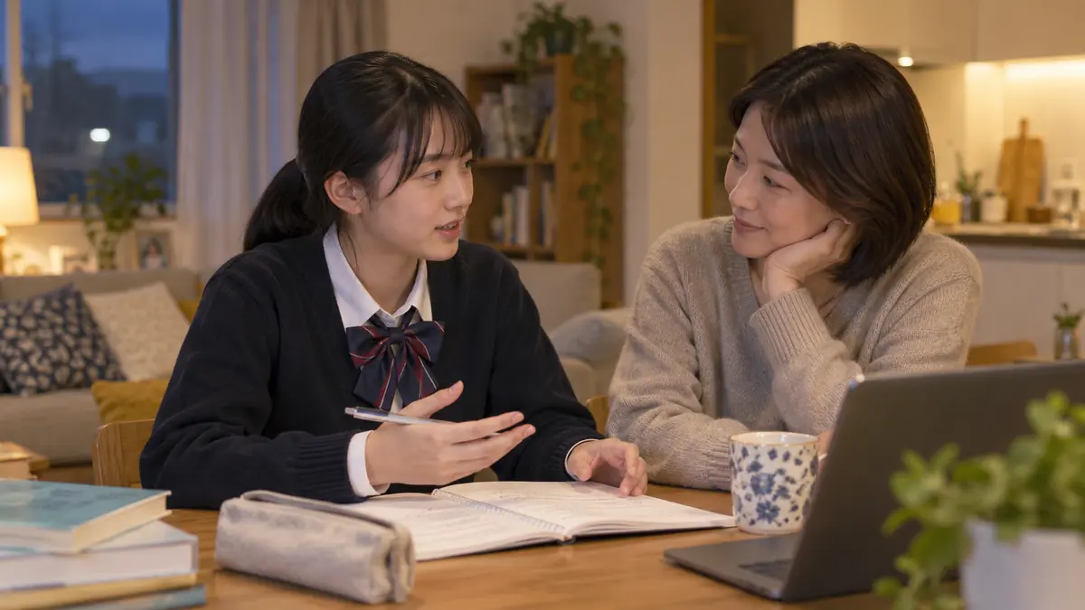 家庭で英文要約を説明する高校生と保護者