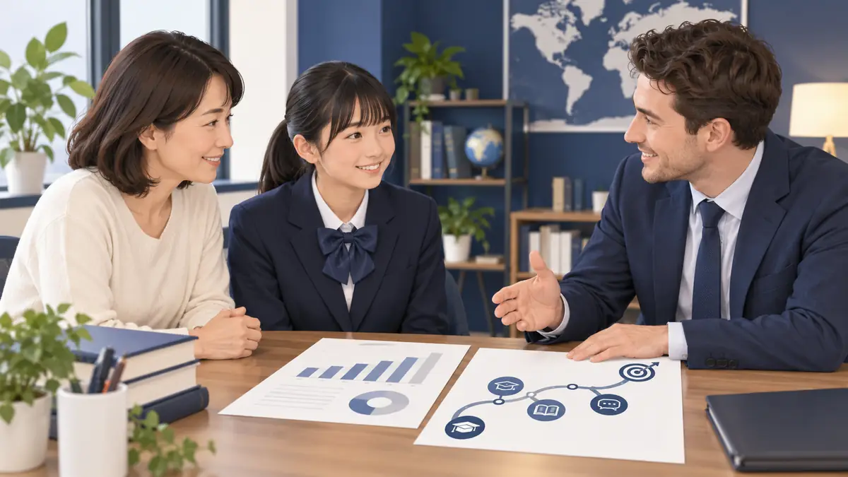CSEスコアをもとに個別学習計画を相談する中学生と保護者