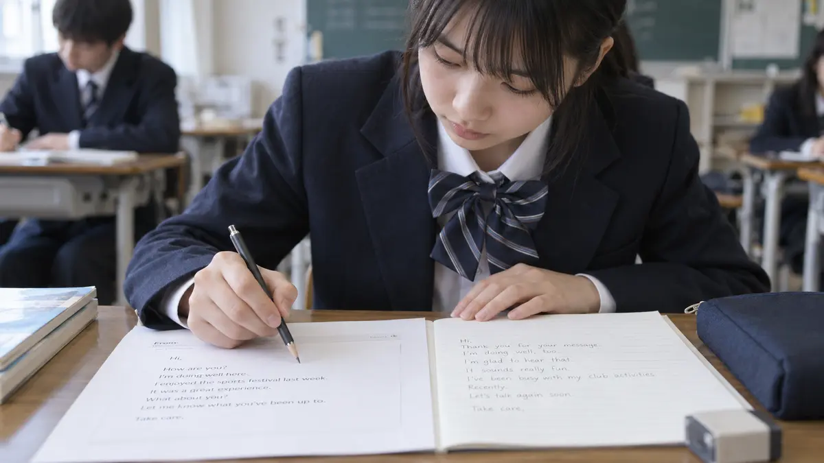 相手の文を使って英語の返信内容を組み立てる中学生