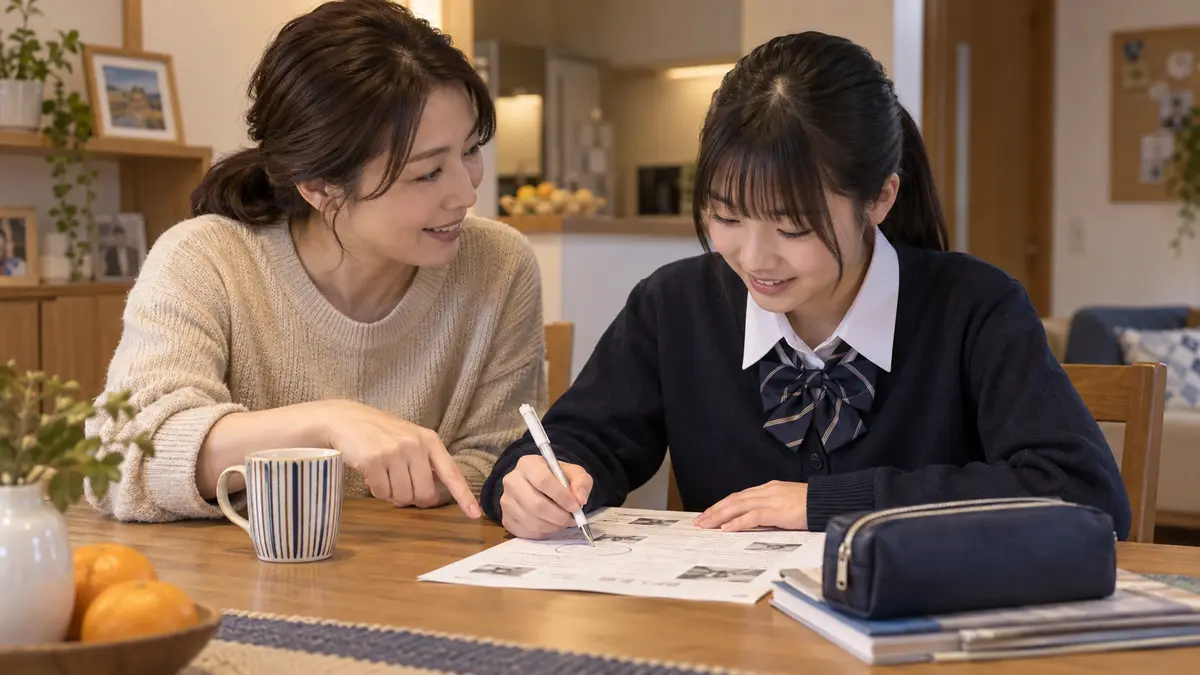 家庭で英検準2級Eメールの内容作りを練習する親子
