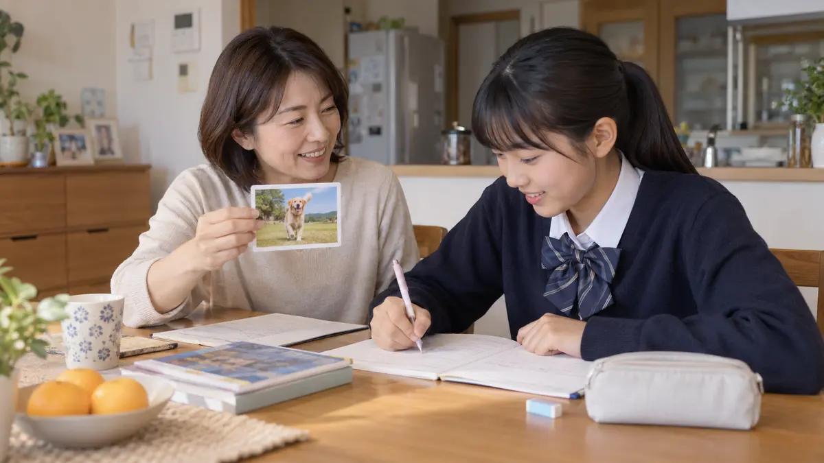 家庭で英語の質問を2つ作る練習をする親子