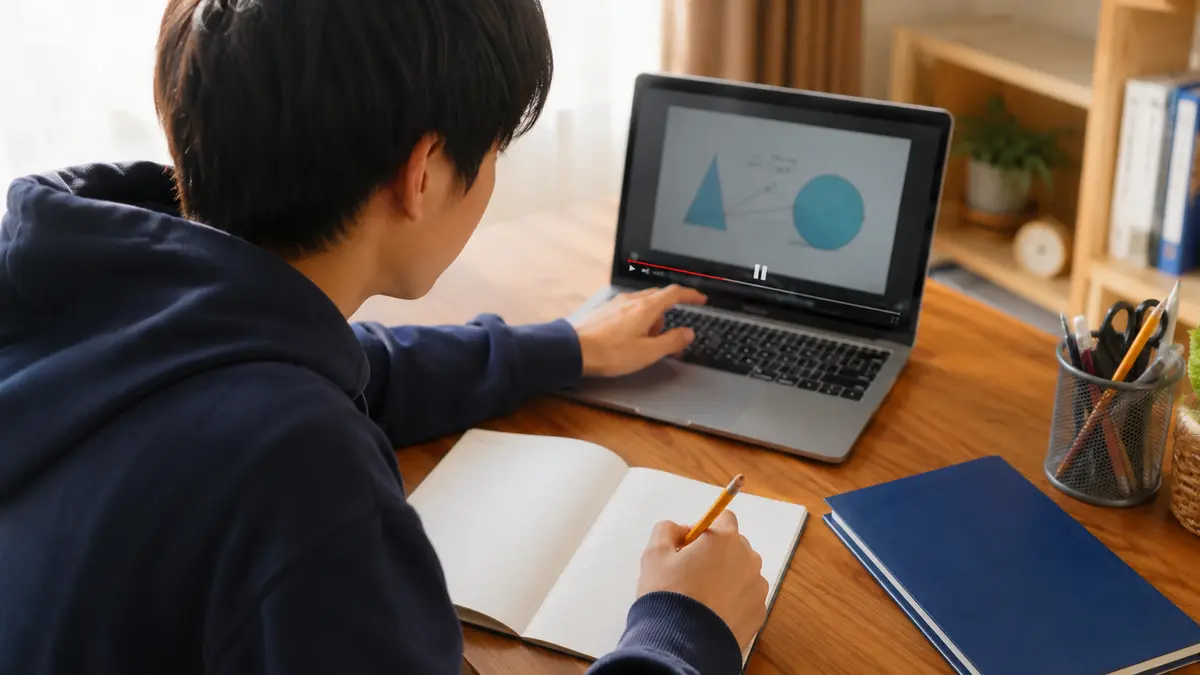 学習動画を止めてノートに説明を書き加える生徒