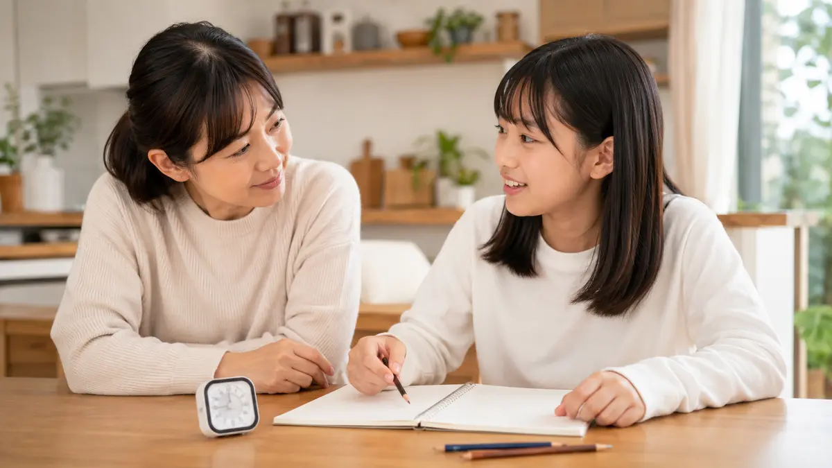 母親に英作文の理由と説明を話して確かめる中高生