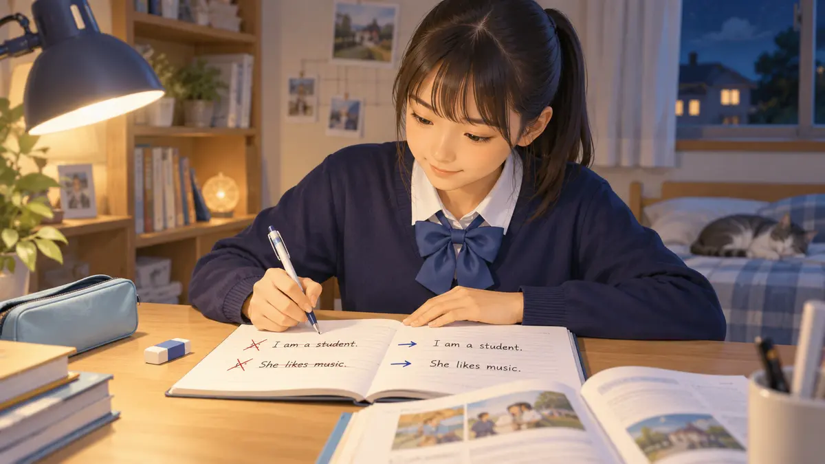 家庭で短い英文を書いて文法を復習する中学生