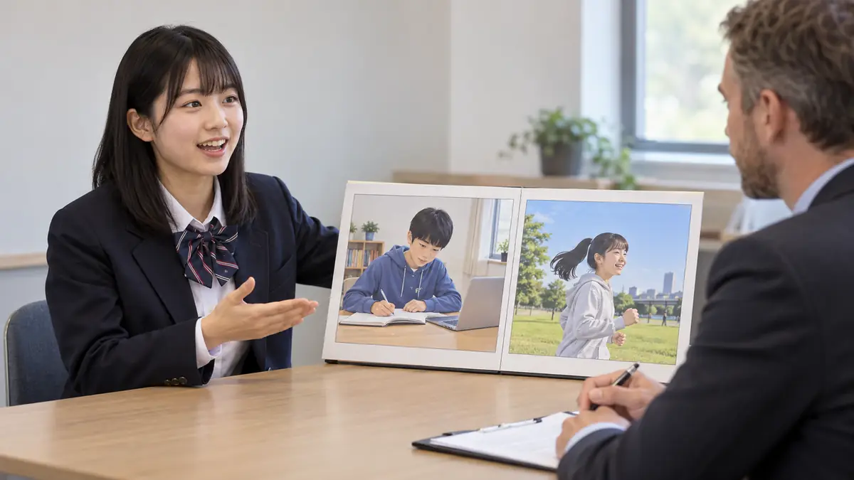 英検準2級面接で自分の意見と理由を答える生徒