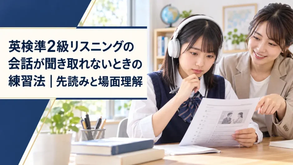 英検準2級リスニングの会話問題を練習する中学生