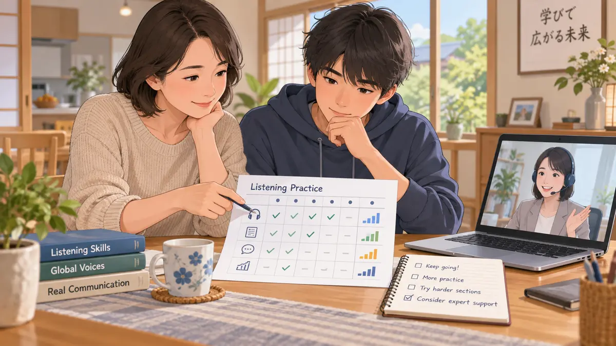 保護者と生徒がリスニング練習記録を確認する場面