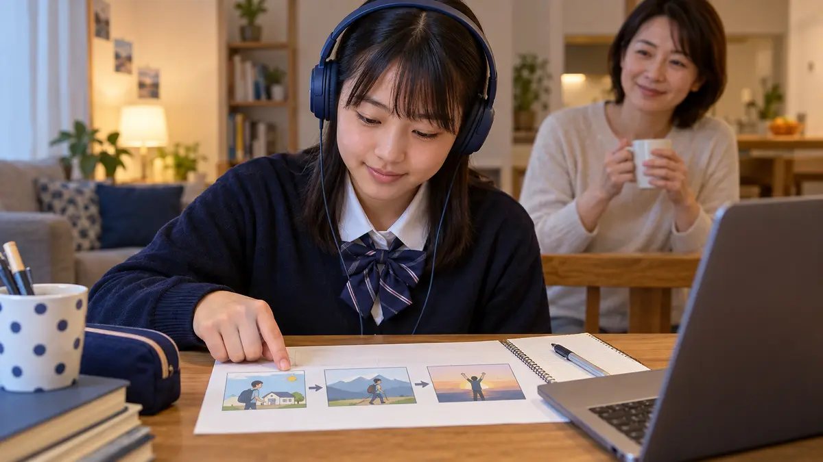 主語・時系列・結論をノートで整理する英検準2級受験者