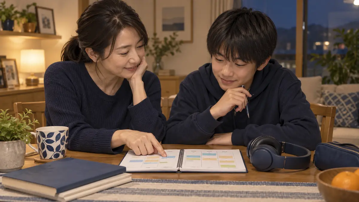 家庭で英検準2級リスニングの学習計画を確認する親子